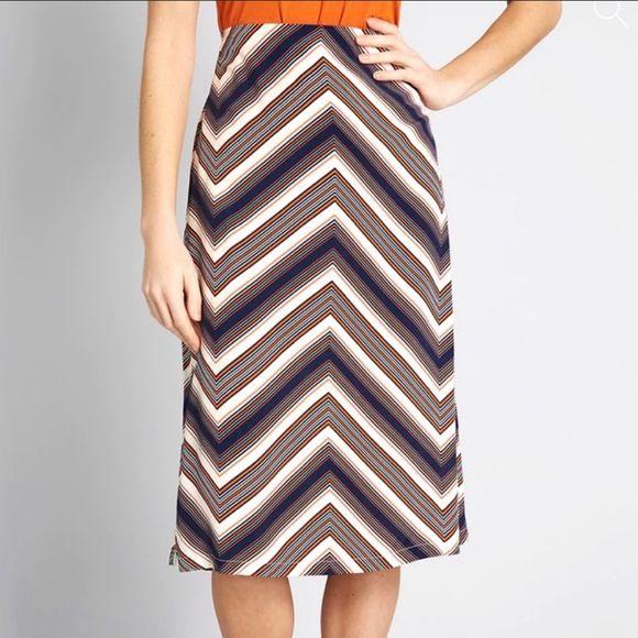 Modcloth Up Close and Personality Midi Skirt Chevron Stripe Navy Cream Orange XS - Picture 1 of 10